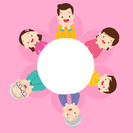 Happy family sitting side by side with hands on chin
on around circleのイラスト素材