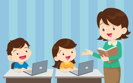 teacher presenting for computer learning and students boy and girl sitting in classのイラスト素材