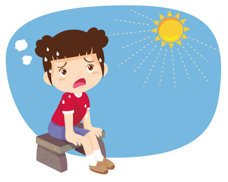 girl thirsty from heat of the summer sun.children girl feels so thirsty because of hot weatherのイラスト素材