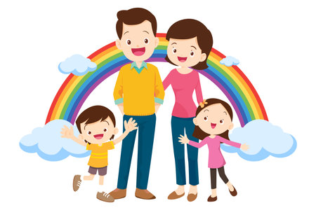 Happy big family in front of house ,rainbowのイラスト素材