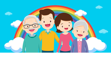 Happy big family in front of house ,rainbowのイラスト素材