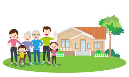 Happy big family in front of houseのイラスト素材