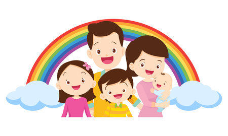 Happy big family in front of house ,rainbowのイラスト素材