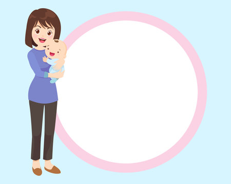 Beautiful woman holds a baby in her arms, mom hugs her children. Mother's day, women's dayのイラスト素材