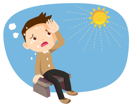 boy thirsty from heat of the summer sun.boy feels so thirsty because of hot weatherのイラスト素材