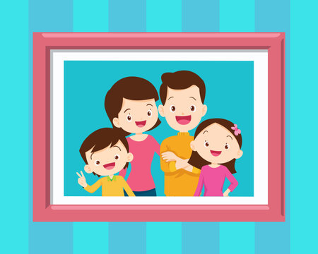 Family photo on wall in wooden frame.Collection of photos of family members in frames. framed wall pictures or photographs with smiling people.Grandmother and grandfather in photo frame with parentのイラスト素材
