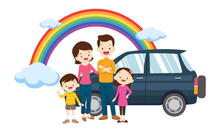 Happy big family in front of house ,rainbowのイラスト素材