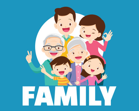Happy family concept. Man and woman stand next to their son and daughter, grandfather and grandmother. Family portrait or photographのイラスト素材
