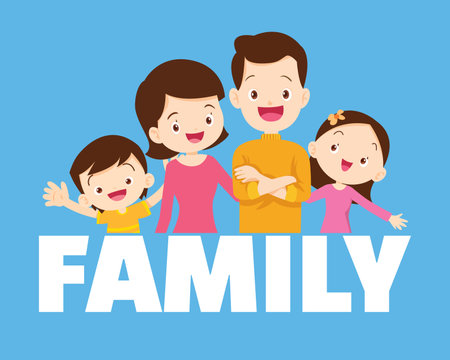 Happy family concept. Man and woman stand next to their son and daughter, grandfather and grandmother. Family portrait or photographのイラスト素材
