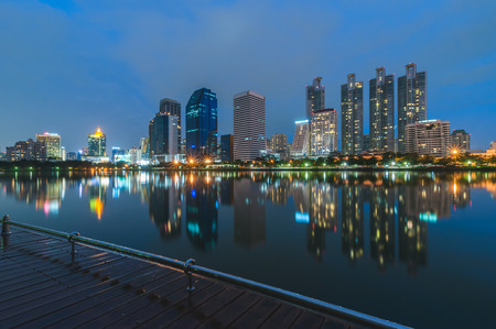Bangkok city downtown at night with reflection of skyline, Bangkok,Thailandのeditorial素材