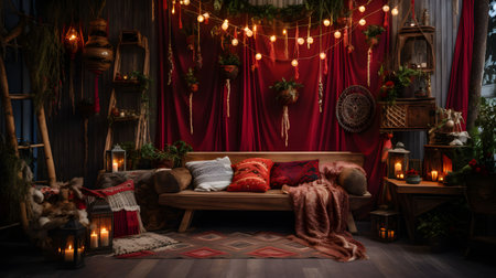 Christmas room interior design boho style. Bright living room adorned with festive Christmas decorations. hyper-realistic photography.  Generative AIの素材