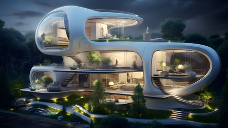 Futuristic house. Features high-tech labs, plants. Generative AIの素材