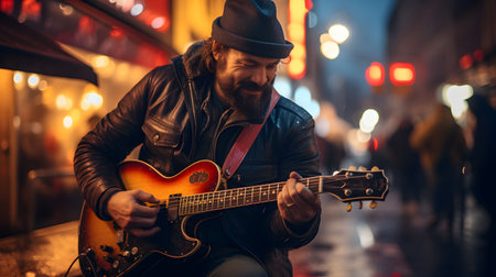 A street musician plays guitar at night on the street. Generative Aiの素材