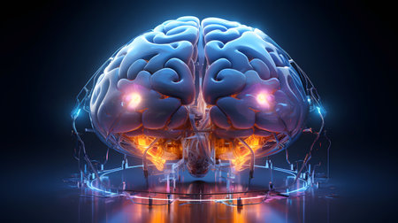 Artificial intelligence technology. Futuristic rendering of a human brain floating in a digital space, surrounded by glowing neural networks and synapses.の素材