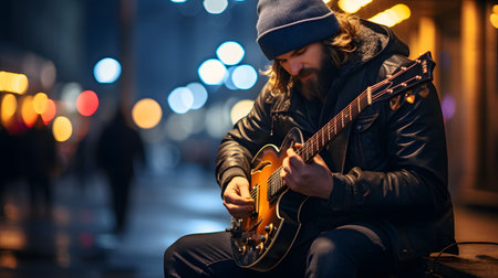 A street musician plays guitar at night on the street. Generative Aiの素材
