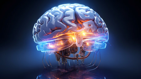 Artificial intelligence technology. Futuristic rendering of a human brain floating in a digital space, surrounded by glowing neural networks and synapses.の素材