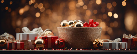 Christmas gift boxes and Christmas balls in a wicker basket on a wooden table with glasses and wine bottles against blurred lights background.の素材