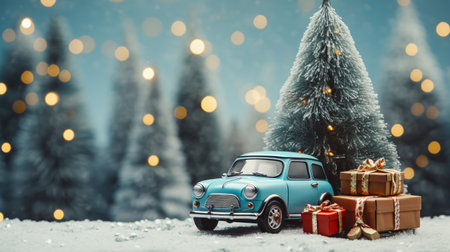 Little classic car with Christmas gifts in front of a snowy Christmas tree. Christmas tree with Christmas ball festive New Year lights.の素材