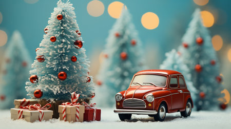 Little classic car with Christmas gifts in front of a snowy Christmas tree. Christmas tree with Christmas ball festive New Year lights.の素材
