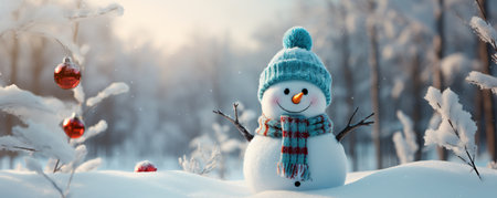 Snowman wearing a hat and scarf in winter scenery. Merry Christmas and Happy New Year greeting card. Forest background.の素材