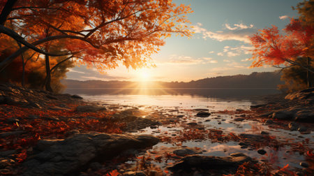 Colorful autumn leaves on the shore of a calm lake, with a reflection of the trees and sky in the water.の素材