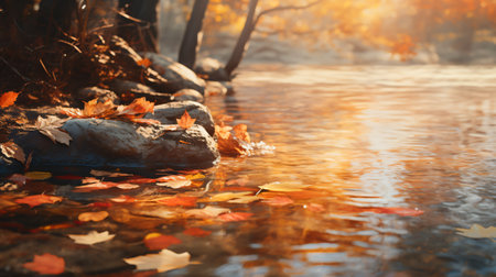 Colorful autumn leaves on the shore of a calm lake, with a reflection of the trees and sky in the water.の素材