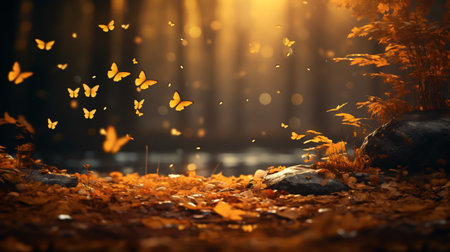 Beautiful autumn background with leaves in the ground and sun rays. Autumn leaves on the ground in the park.の素材