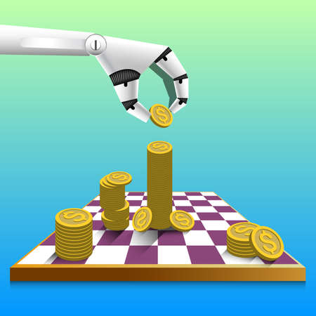 flat 3d design,finance business, robot put money on chessboard, vector illustratorのイラスト素材