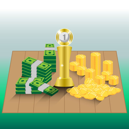 number one, a trophy, cash and coin on the floor, vector illustratorのイラスト素材
