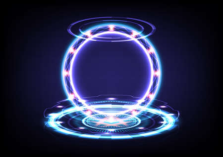 Abstract background. Portal and hologram science futuristic. Sci-fi digital hi-tech in glowing HUD circut. Magic gate in game fantasy. Circle teleport podium. GUI and UI interface. VR and MR projectorのイラスト素材