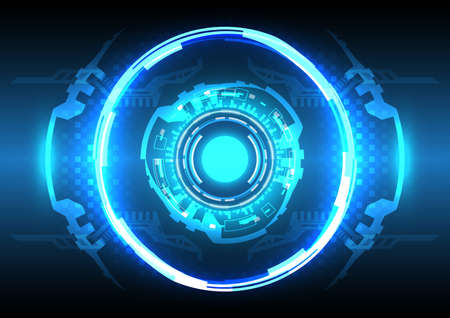 Futuristic hologram Sci-Fi glowing HUD circle. Abstract hi-tech background. Head-up display interface. Virtual reality technology innovation. Light effect. Digital businessのイラスト素材
