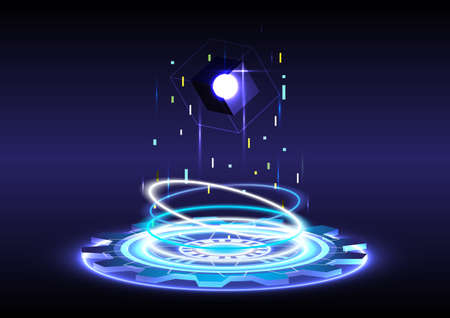 Abstract background. Portal and hologram science futuristic. Sci-fi digital hi-tech in glowing HUD projector. Magic gate in game fantasy. Circle teleport podium. GUI and UI virtual realityのイラスト素材