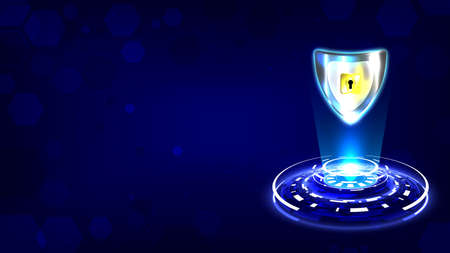 Futuristic glowing HUD of padlock with keyhole-shield icon in personal data security . Cyber safety data or information privacy. Abstract circuit board backgroundのイラスト素材