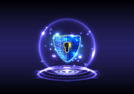Futuristic glowing HUD of hologram padlock with keyhole-shield icon in personal data security. Cyber safety data or information privacy. Abstract holographic backgroundのイラスト素材