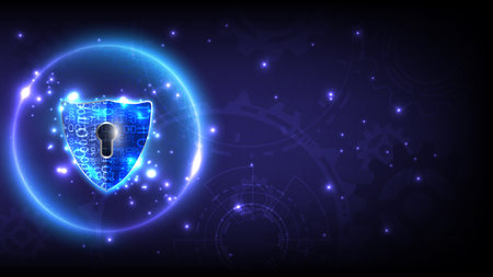 Futuristic glowing sphere of hologram padlock with keyhole-shield in personal data security. Cyber safety data or information privacy. Abstract technology backgroundのイラスト素材