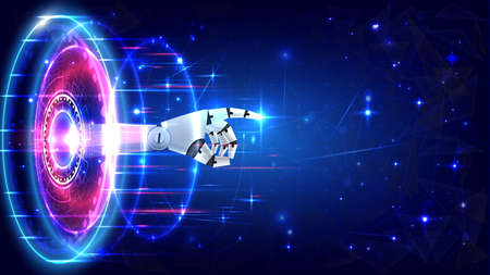 Futuristic Sci-Fi glowing HUD circle element and a hand of robot. Abstract hi-tech background. Hologram particle of head-up display interface. Virtual reality technology artificial intelligenceのイラスト素材