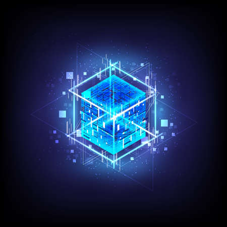 HUD energy box. Smart code. Big data. Digital chip. Glare grid lines. Glow 3D cubes. CPU core. Abstract technology background. Futuristic hi-tech science. Computer engineer. Blockchain networkのイラスト素材