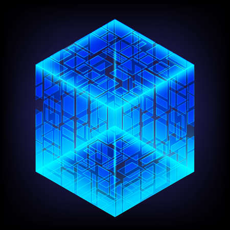 Bright and energy box. Light geometry. Smart code. Big data. Digital chip. Glare grid lines. Glow 3D cubes. CPU core. Abstract technology background. Futuristic hi-tech science. Computer engineerのイラスト素材