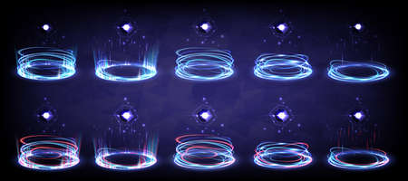 Sci-fi high-technology stage collection in glowing HUD. Hologram portal swirl light of science futuristic. Magic warp gate in game fantasy. Circle teleport podium. GUI, UI virtual reality usersのイラスト素材