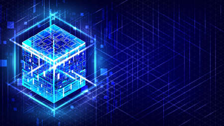 HUD energy box. Smart code. Big data. Digital chip. Glare grid lines. Glow 3D cubes. CPU core. Abstract grid background. Computer engineer. Blockchain network. Technology isometricのイラスト素材