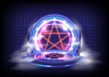GUI and UI virtual reality. Portal and hologram science futuristic. Sci-fi digital hi-tech in glowing HUD projector. Magic gate in game fantasy. Circle teleport podium with fog on groundのイラスト素材