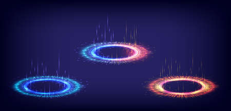 Digital high-tech collection in glowing HUD. Hologram portal of science futuristic. Magic warp gate in game fantasy. 3D Shining technology. Circle teleport podium. fireworks and luminous electronのイラスト素材