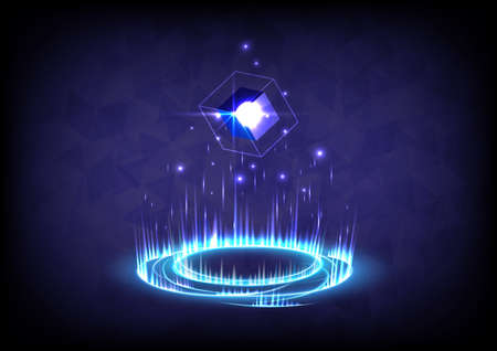 Rays stage for showing. GUI and UI virtual reality. Portal and hologram science futuristic. Sci-fi digital hi-tech stage in glowing HUD projector. Magic gate in game fantasy. Circle teleport podiumのイラスト素材