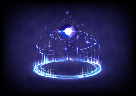 Aura stage for showing. GUI and UI virtual reality. Portal and hologram science futuristic. Sci-fi digital hi-tech stage in glowing HUD projector. Magic gate in game fantasy. Circle teleport podiumのイラスト素材