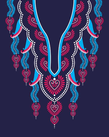 Heart and floral necklace embroidery design for fashion women. Embroidery pattern with beautiful colorful Geometric Ethnic oriental for necklineのイラスト素材