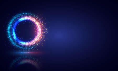 Glowing HUD circle. Light , ray and sparking ring. Colorful tunnel. Bright border. Magic portal. Luminous electron and glint swirling. Fireworks model. Abstract circle neon and shadow backgroundのイラスト素材