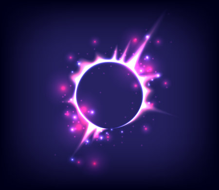 Fireworks model. Glowing circle. Sunshine, light , ray and sparking ring. Colorful tunnel. Bright border. Blue flame magic portal. Luminous electron and glint swirling. Solar eclipse. Pink neon lightのイラスト素材