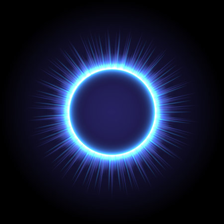 Fireworks model. Glowing circle. Sunshine, Light , ray and sparking ring. Colorful tunnel. Bright border. Blue flame magic portal. Luminous electron and glint swirlingのイラスト素材