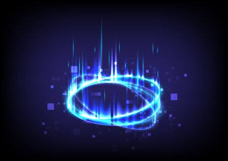 Portal and hologram blue flame stage. Music sound wave. Sci-fi digital hi-tech in glowing HUD projector. Magic gate in game fantasy. Circle teleport podium. GUI and UI virtual reality 3Dのイラスト素材