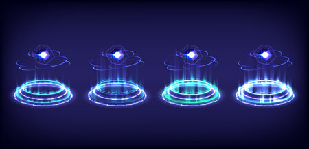 Sci-fi high-technology stage collection in glowing HUD. Magic warp gate in game fantasy. Circle teleport podium. Rays, GUI, UI virtual reality users. Hologram portal display interface. Product showingのイラスト素材